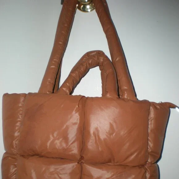 Brown Puffer Tote Bag Puffy Handbag Shoulder Bag - Picture 2 of 7